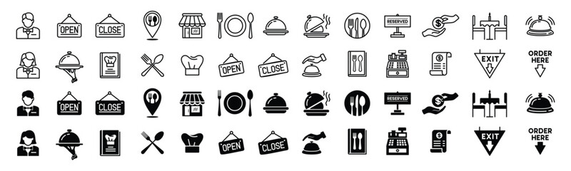 restaurant icons vector set. pin map, cafes, open, clossed, bell, spoon, fork, knife, plate, recipe 