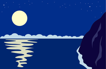 Night seascape with full moon and rocky shore. Vector background