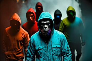 Gorillas wearing plain color hoodies with vivid color bomb explosion backgrounds, multicolored smoke illustration, cute and adorable animals, explosive colorful backgrounds, digital art. Generative AI