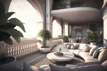 A luxurious terrace interior, featuring high-end furniture and elegant decor. Generative AI