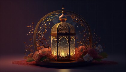 Canvas Print - Ramadan Lantern. Lantern or candle lamp in islamic interior. illustration for Greeting card, site, banner, invitation, postcard for muslim holiday. Eid Mubarak Ramadan Kareem. Generative ai