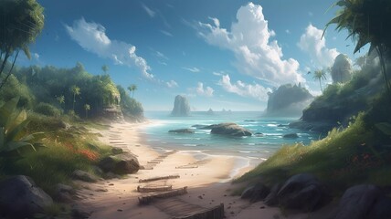 Beach Fantasy Backdrop, Concept Art, CG Artwork, Realistic Illustration with Generative AI
