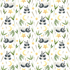  Cute panda sleeping and sitting among bamboo leaves and seeds with stars and moon. Watercolor illustration. Seamless pattern on a white background from the BAMBOO collection. For decoration, design
