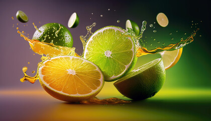 Fresh lemon and lime slices with splashes of juice. Product shot.