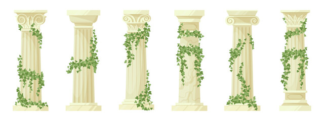 Cartoon ancient roman pillars. Antique ivy-covered classic greek columns with climbing ivy branches flat vector illustration set