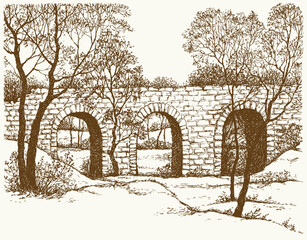 Vector landscape. Old stone bridge in the park