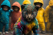 Baby jaguar wearing plain color hoodies with vivid color bomb explosion backgrounds, cute and adorable animals, explosive colorful backgrounds, digital art. Generative AI