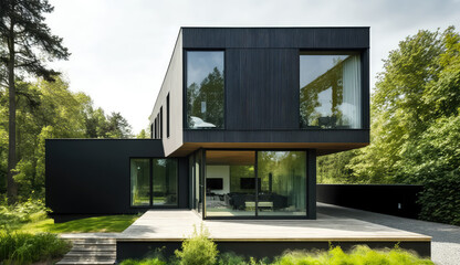 Ultra-modern minimalistic style black wood facade house design. Generative AI