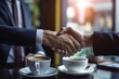 Business people shaking hands, finishing up a meeting. Closeup of business people shaking hands in a coffee shop. Generative AI