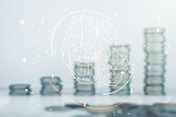 Poster - Double exposure of creative human brain microcircuit hologram on growing coins stacks background. Future technology and AI concept
