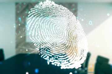 Aufkleber - Multi exposure of virtual abstract fingerprint illustration on a modern conference room background, digital access concept