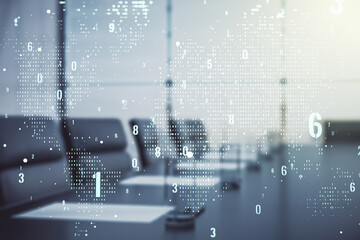 Poster - Abstract virtual coding concept and world map hologram on a modern conference room background. Multiexposure