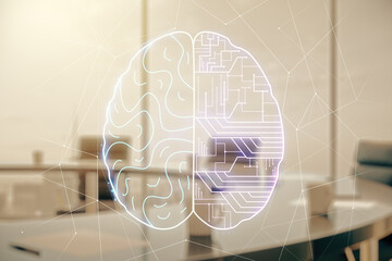 Poster - Double exposure of creative human brain microcircuit hologram on a modern boardroom background. Future technology and AI concept