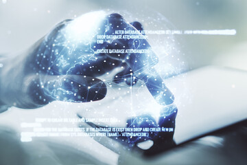 Aufkleber - Multi exposure of abstract software development hologram with world map and finger presses on a digital tablet on background, global research and analytics concept