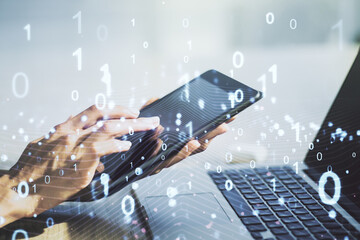 Aufkleber - Creative abstract binary code hologram and finger presses on a digital tablet on background, AI and machine learning concept. Multiexposure