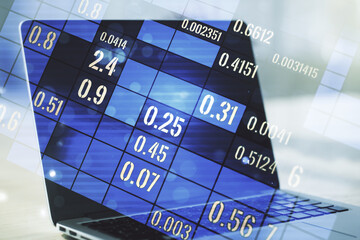 Poster - Multi exposure of abstract graphic data spreadsheet sketch on modern computer background, analytics and analysis concept