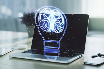 Aufkleber - Double exposure of creative light bulb hologram with human brain on laptop background, idea and brainstorming concept