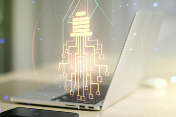 Aufkleber - Creative idea concept with light bulb and microcircuit illustration on modern laptop background. Neural networks and machine learning concept. Multiexposure