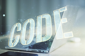 Poster - Creative Code word sign on modern computer background, international software development concept. Multiexposure