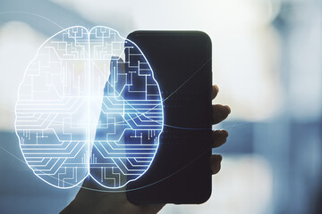 Poster - Creative artificial Intelligence concept with human brain hologram and hand with phone on background. Multiexposure