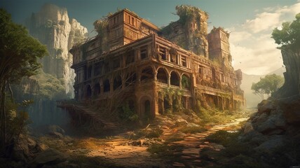 Wall Mural - Ruin Building Fantasy Backdrop, Concept Art, CG Artwork, Realistic Illustration with Generative AI
