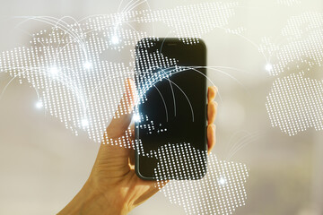Poster - Double exposure of abstract digital world map with connections and hand with cell phone on background, research and strategy concept