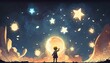 Reach out for the stars, young boy standing among glowing planets and holding the star up in the night sky, Generative AI