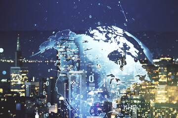 Poster - double exposure of abstract programming language hologram and world map on san francisco city skyscr