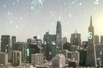 Aufkleber - Multi exposure of abstract software development hologram and world map on San Francisco skyscrapers background, global research and analytics concept