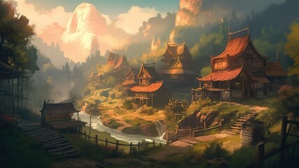 Wall Mural - Village Fantasy Backdrop, Concept Art, CG Artwork, Realistic Illustration with Generative AI
