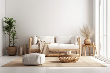 Wall Mural - Mockup of a minimalist living room interior wall including a Moroccan pouf, a bamboo console, and a blank, warm white background. Generative AI