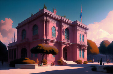 Wall Mural - Illustration of a charming pink building with a beautiful tree in the foreground created with Generative AI technology