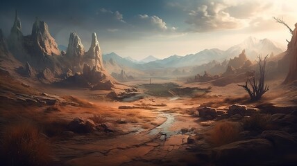 Wall Mural - Wasteland Fantasy Backdrop, Concept Art, CG Artwork, Realistic Illustration with Generative AI
