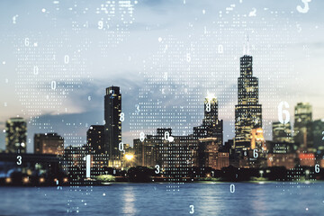 Poster - Abstract virtual coding illustration and world map on Chicago cityscape background, international software development concept. Multiexposure