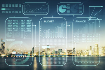 Aufkleber - Abstract virtual analytics data spreadsheet on Chicago cityscape background, analytics and analysis concept. Multiexposure