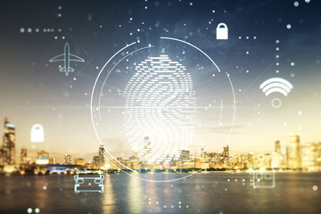 Aufkleber - Double exposure of virtual creative fingerprint hologram on Chicago office buildings background, protection of personal information concept