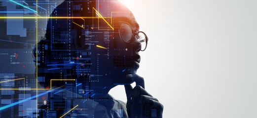 Aufkleber - Profile of woman and data network concept. Artificial intelligence. Wide angle visual for banners or advertisements.