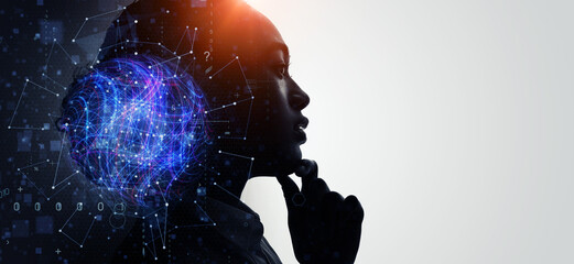 Poster - Profile of woman and data network concept. Artificial intelligence. Wide angle visual for banners or advertisements.