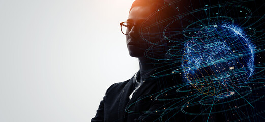 Aufkleber - Profile of woman and data network concept. Artificial intelligence. Wide angle visual for banners or advertisements.
