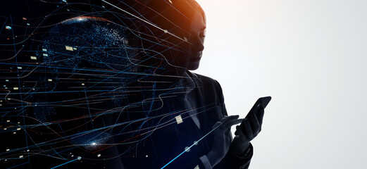 Aufkleber - Profile of woman and mobile communication network concept. Artificial intelligence. Wide angle visual for banners or advertisements.