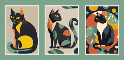 set of vector illustrations with black cats and multicolored leaves.