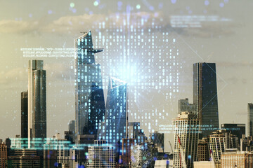 Poster - Double exposure of abstract virtual creative code skull hologram on New York city skyscrapers background. Malware and cyber crime concept