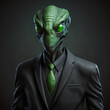 © Etagonam - Concept illustration of a green alien wearing an office suit. Business style alien