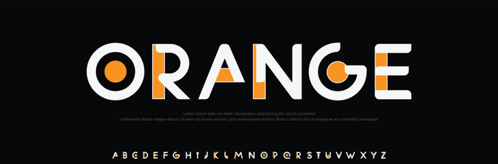 Orange, Classic modern alphabet. Dropped stunning font, type for futuristic logo, headline, creative lettering and maxi typography. Minimal style letters with orange spot. Vector typographic