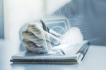 Aufkleber - Double exposure of creative human brain microcircuit with man hand writing in notepad on background. Future technology and AI concept
