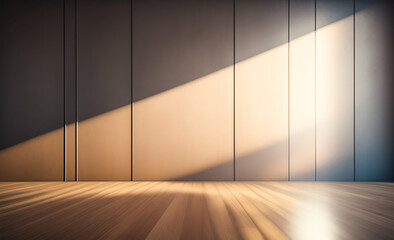 Light brown empty wall with decorative paneling and wood flooring with interesting light reflections. Background for the presentation.