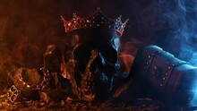 A Golden Crown With Skull A Dark Background. Fantastic And Fabulous Plot. Panoramic View Of The Fog. Layout For Your Logo. A Horizontal Banner With A Place To Copy The Cover Image.