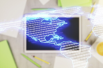 Aufkleber - Digital America map and modern digital tablet on desktop on background, top view, global technology concept. Multiexposure