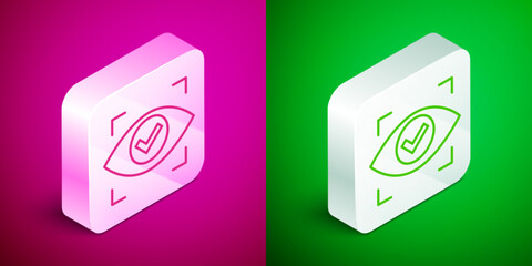 Canvas Print - Isometric line Eye scan icon isolated on pink and green background. Scanning eye. Security check symbol. Cyber eye sign. Silver square button. Vector