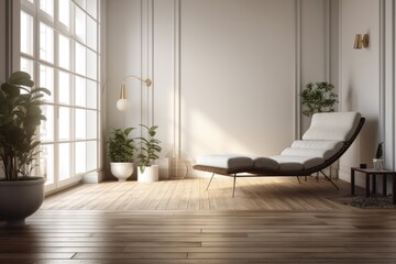 Sticker - Interior of a white room with a lounge chair on a wooden floor. Generative AI